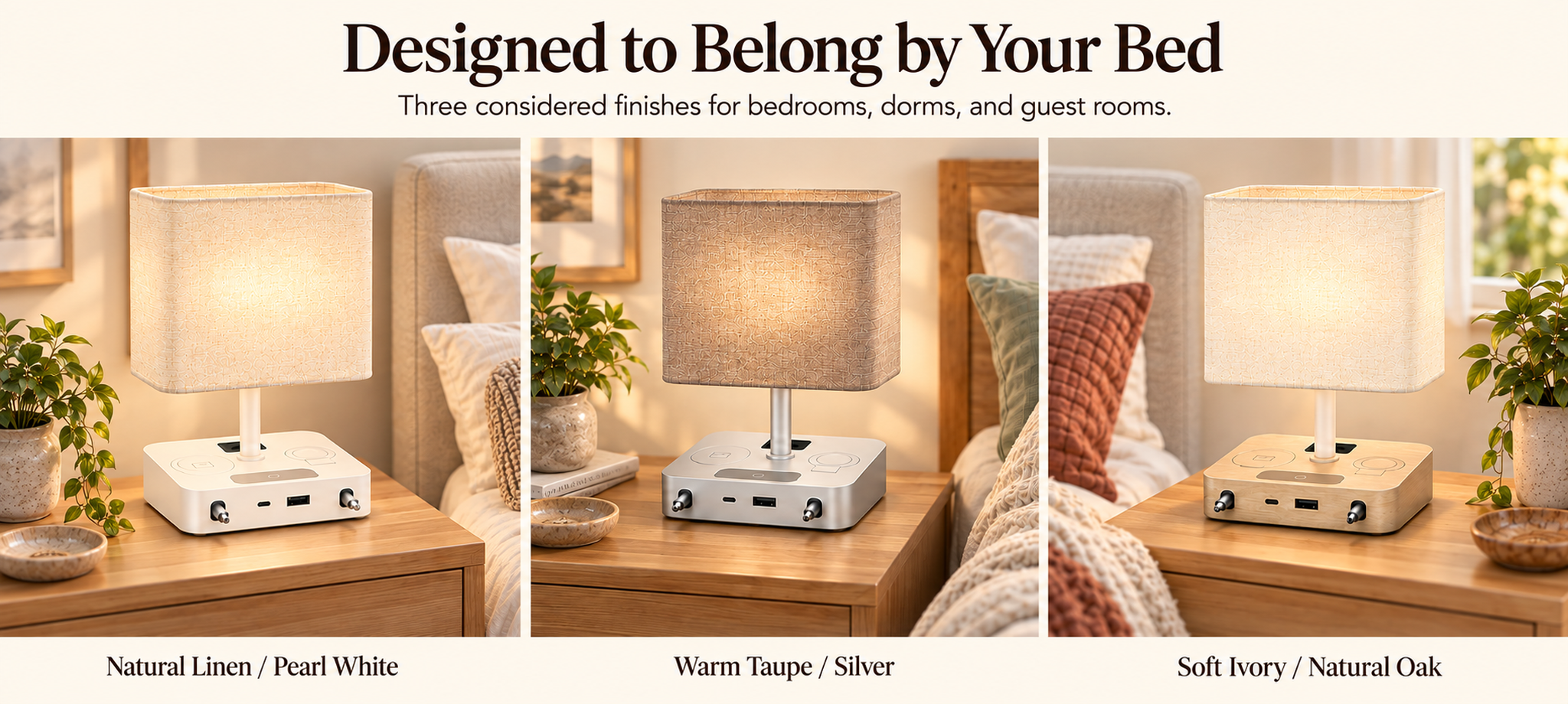 Three bedside charging lamp finishes