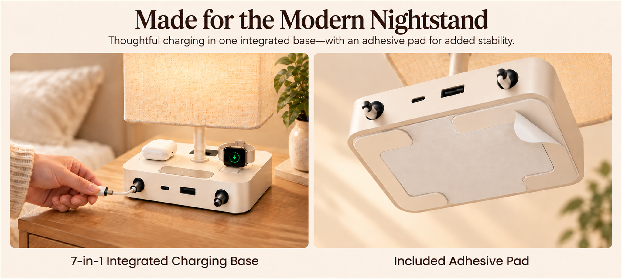 7-in-1 integrated charging base with included adhesive pad