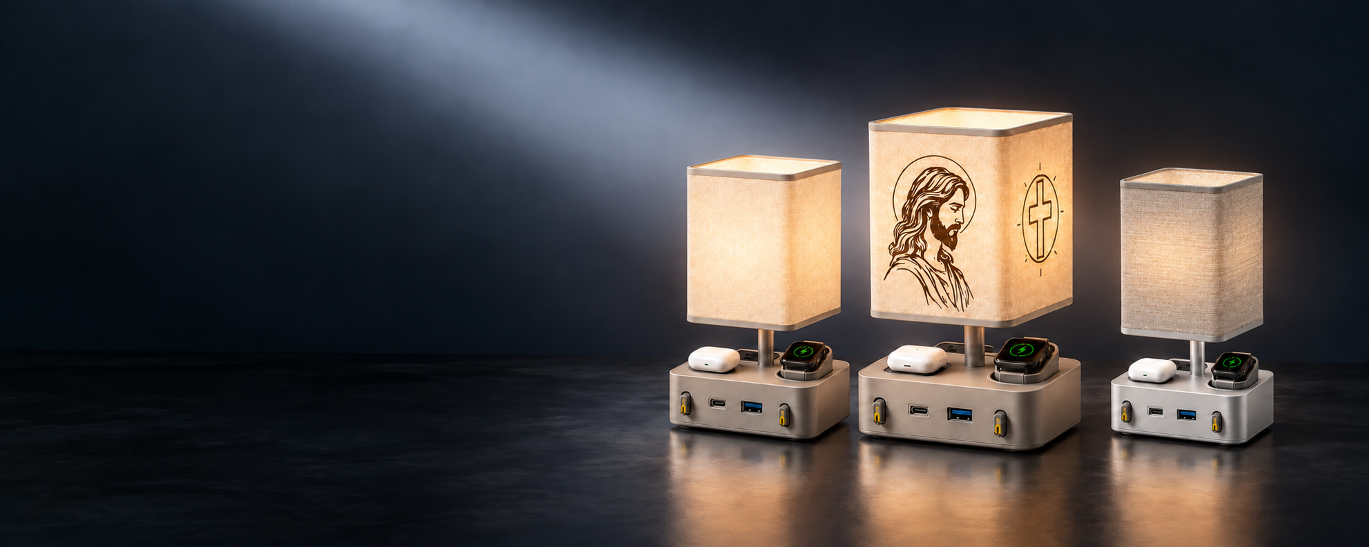 Three FlexTurtle bedside charging lamp variants in a dark studio